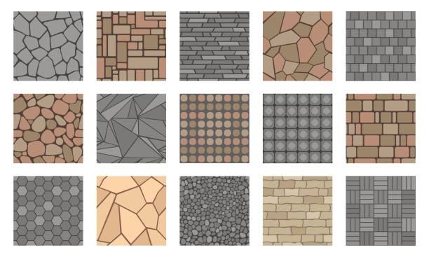 ilustrações de stock, clip art, desenhos animados e ícones de pavement stones. street cobblestone tile path, sidewalk and garden patio floor texture, outdoor concrete alley. vector park road paving plan - cobblestone