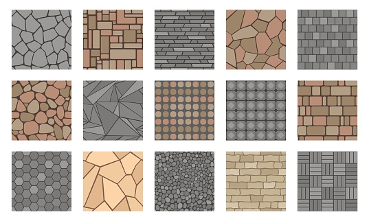 Pavement stones. Street cobblestone tile path, sidewalk and garden patio floor texture, outdoor concrete alley. Vector park road paving plan. Bricked and pebbled surface for wall or ground