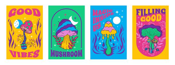 ilustrações de stock, clip art, desenhos animados e ícones de hippie mushroom posters. psychedelic acid trip groovy print with colored amanita and toadstool. vector dreamy retro banners set - fly agaric