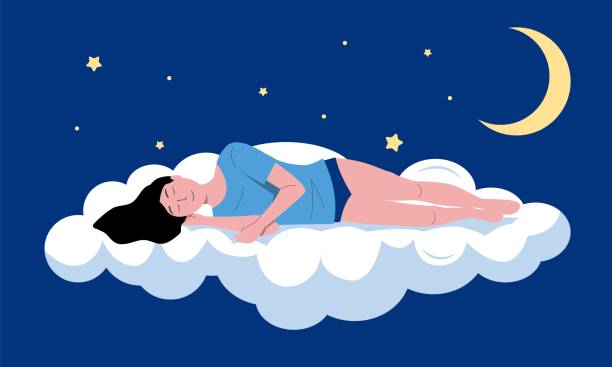 istock Sleeping person illustration. Cartoon sleeping and dreaming young girl flying in night sky, insomnia or sleep well concept. Vector sleeping woman character background 1402147345