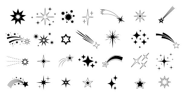illustrazioni stock, clip art, cartoni animati e icone di tendenza di meteora che cade. silhouette astratta di stella cadente, meteorite volante con silhouette di coda. set di forme di comete isolate vettoriali - meteora