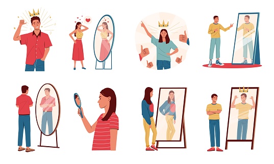 Self confident person. Cartoon men and women with positive mindset looking in mirrors proud of themselves, concept of self acceptance. Vector isolated set. Female and male characters with crowns