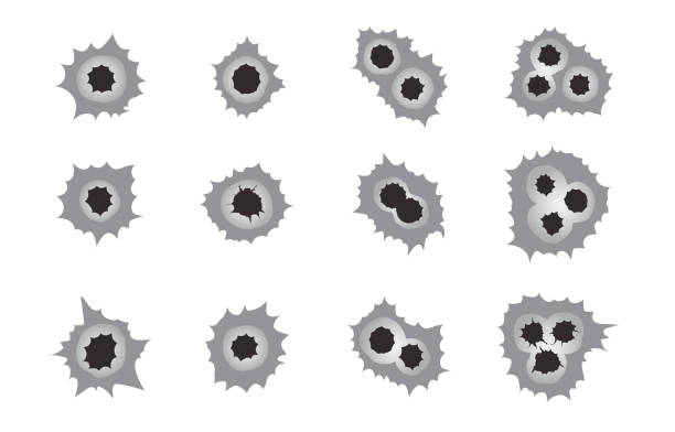 grunge'owa w metalu od kul pistoletu izolowanych na białym tle. wektorowy zestaw znaczników punktorów na teksturze. - bullet hole gun rifle bullet stock illustrations