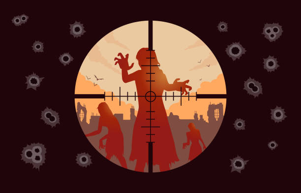 scharfschütze zielen auf zombie-mädchen in der verlassenen stadt. es gab viele einschusslöcher in der umgebung. konzeptillustration über die monsterjagd mit einem gewehrschießen. - bullet hole target target shooting bulls eye stock-grafiken, -clipart, -cartoons und -symbole