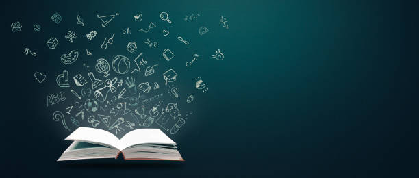 istock Education concept. Open books and hand drawn school doodle icons. Studying, knowledge, learning idea. Copy space. 1402147539