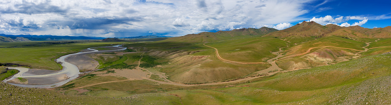Aerial panorama view of steppe and mountains landscape in Orkhon valley, Mongolia