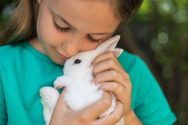 istock Girl with white rabbit in hands 1402147616
