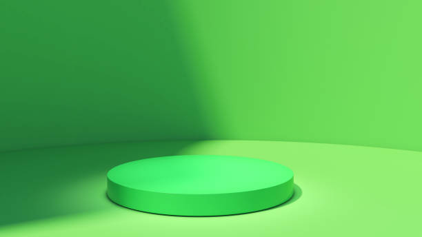istock Green circle stand on a curved wall with light and shadow,mock up podium for product presentation,3d rendering 1402147717