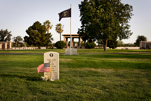 El Paso, Texas, USA - May 29, 2022: The grave of Col. Wm Bliss, namesake of Fort Bliss.  Bliss, an aid to President Zachary Taylor, married Taylor's daughter and died in New Orleans, his grave was moved to Fort Bliss National Cemetery.