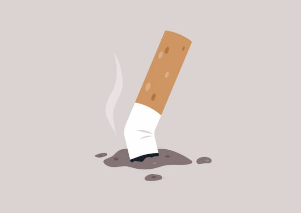 zmiażdżony niedopałek papierosa na ziemi, niezdrowe nawyki, koncepcja palenia - crushed stock illustrations