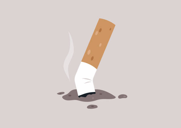 A crushed cigarette butt on the ground, unhealthy habits, a smoking concept A crushed cigarette butt on the ground, unhealthy habits, a smoking concept harm stock illustrations