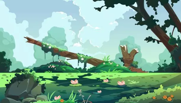 Vector illustration of Swamp cartoon landscape. Forest background with marsh and lake, cartoon fantasy pond with moss and reed plants. Vector game illustration