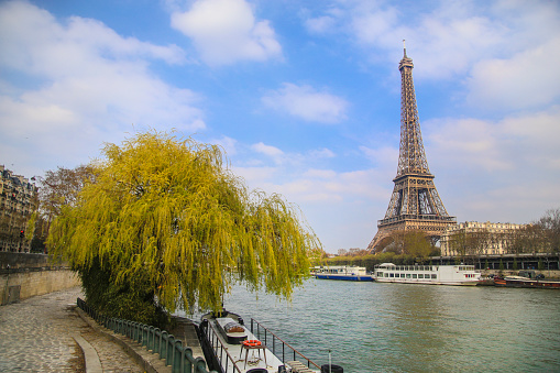 View of Tour Eiffel from From Seine riverbank in Paris, France.