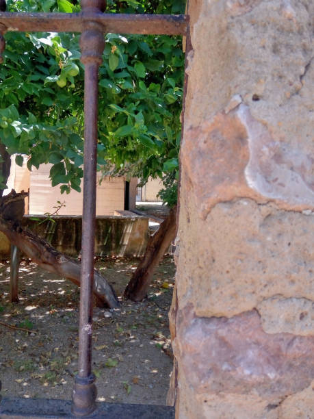 istock Old stone wall and iron grille with Valencian lemon tree in the background. 1402151252
