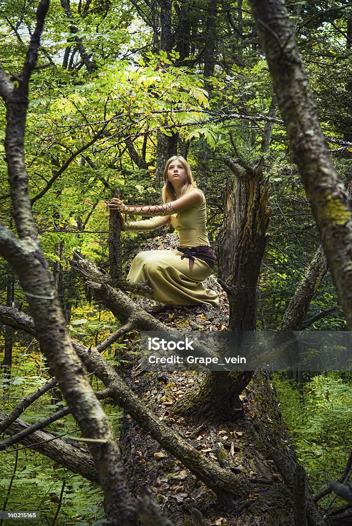 Блондинка Девушка в Волшебный лес - Стоковые фото Вертикальный роялти-фри