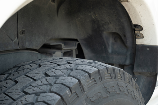 The tire surface of a pickup truck has been used for some time.