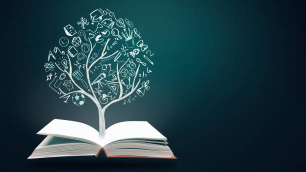 istock Education concept. Open books and knowladge tree with hand drawn school doodle icons. Studying, knowledge, learning idea.  Copy space 1402153092