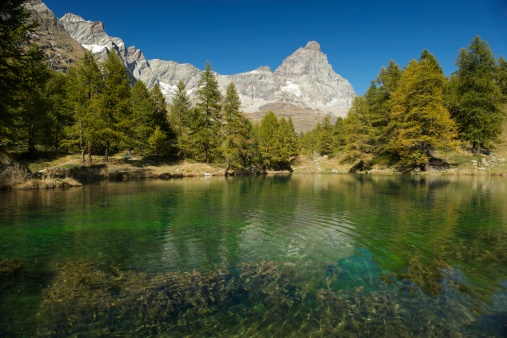 Little Lake called Blue Lake even his natural color is green in Breuil-Cervinia commune of Valtournenche in Valle d'Aosta in Italy. Popular resort for skiing in Winter.