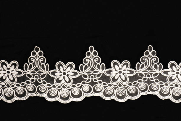 istock White lace with flowers and branches on black background isolated. Sewing concept 1402154350