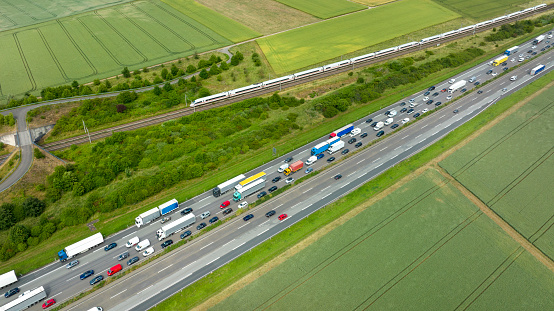 Dense traffic on highway - aerial view