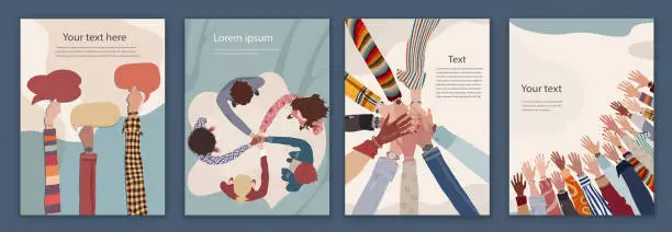 Vector illustration of Volunteer people concept brochure leaflet poster editable template. Raised arms and hands up multiethnic people.Multicultural people in a circle with hands on top of each other top view