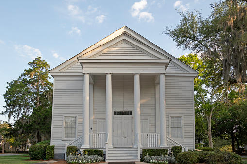 Mount Pleasant, SC, USA - June 10, 2022: Built in 1854, a Greek Revival style church located in the Mount Pleasant Historic District, it was renamed Mount Pleasant Presbyterian Church in 1870.