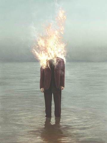 Illustration of man on fire, surreal abstract concept