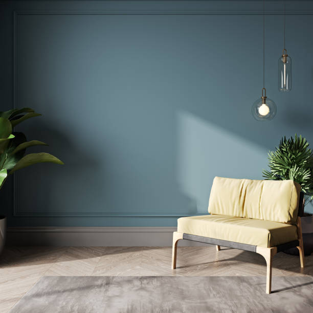 istock Minimal style contemporary lounge with empty blue paint wall and yellow chair, 3d render 1402159255