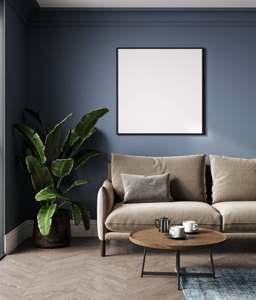 istock Empty poster frame mockup on blue wall in luxury interior background with brown sofa, frame mock up in modern interior background, 3d rendering 1402159261