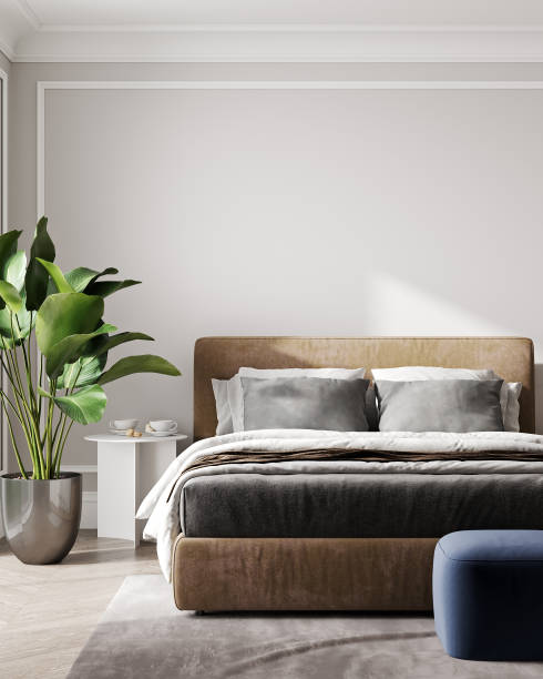 home interior, schlafzimmer im skandinavischen stil mock-up, 3d-rendering - bedroom stock-fotos und bilder