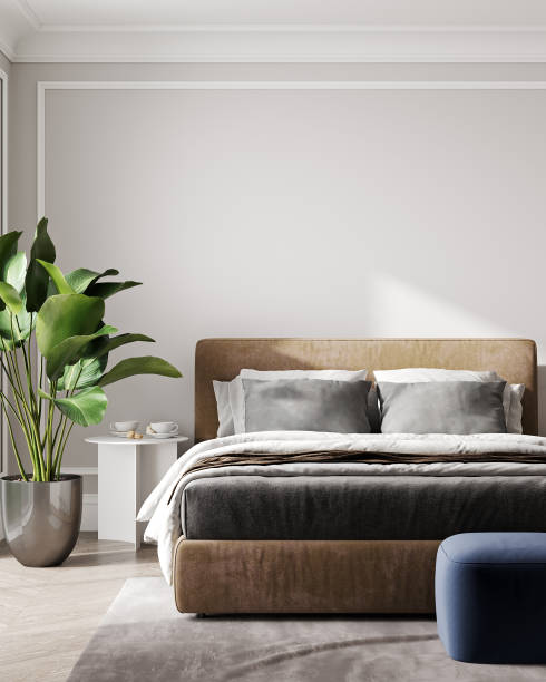 home interior, scandinavian style bedroom mock up, 3d rendering