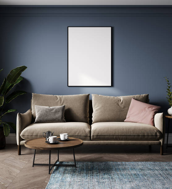 istock Blank picture frame mock up in blue room interior , 3d rendering 1402159264