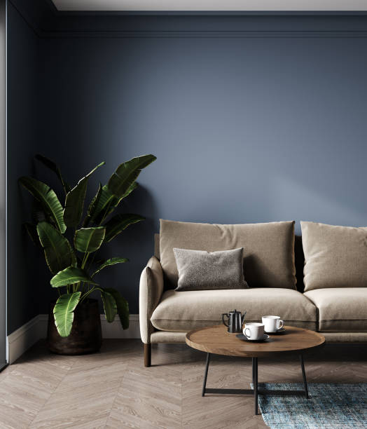 istock Modern blue living room interior design with brown sofa, 3d rendering 1402159268
