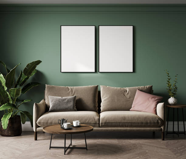 istock Mock-up two frames in dark green furnished home interior background, 3d render 1402159271