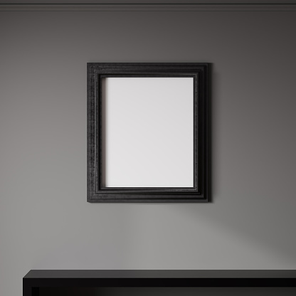 Black frame mockup on gray wall, empty poster frame mock up, 3d rendering