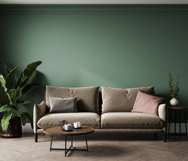 緑のリビングルームのブローンソファ、テーブル、装飾が施されたホームインテリアモックアップ、3dレンダリング - vehicle interior green sofa indoors ストックフォトと画像