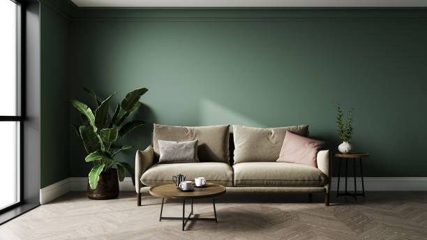 istock Home interior mock-up with green wall and gray sofa, table and decor in living room, 3d render 1402159282