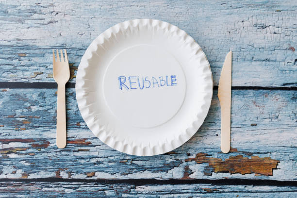 istock Flat lay composition with eco-friendly tableware on light blue wooden background. Kraft paper plates and wooden cutlery. Recyclable paperware, zero waste concept. Selective focus 1402159325