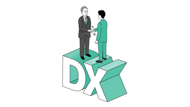 ビジネスオーナーとコンサルタントが握手をし、タイプ「dx」に立って、ビジネスイメージ、幸せな交渉、ベクターイラスト - dx 解決点のイラスト素材／クリップアート素材／マンガ素材／アイコン素材