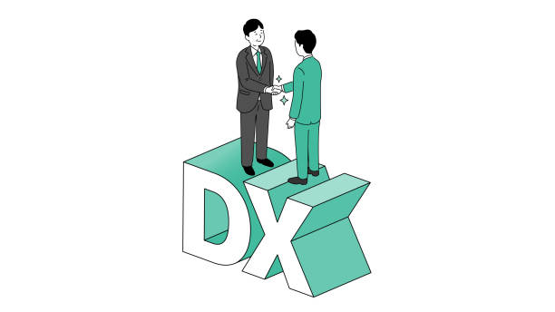 ビジネスオーナーとコンサルタントが握手をし、タイプ「dx」に立って、ビジネスイメージ、幸せな交渉、ベクターイラスト - dx 解決点のイラスト素材／クリップアート素材／マンガ素材／アイコン素材
