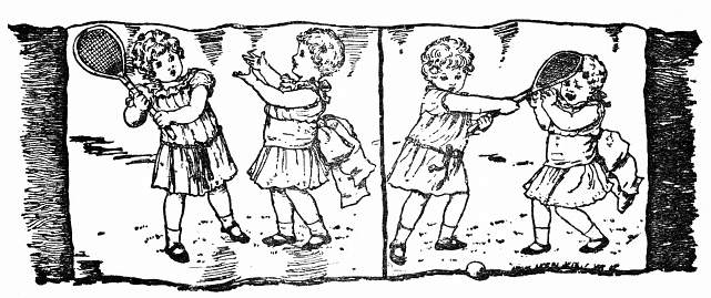 Two young girls fight over a tennis racket until one hits the other with it.  Illustration published 1890. Source: Original edition is from my own archives. Copyright has expired and is in Public Domain.