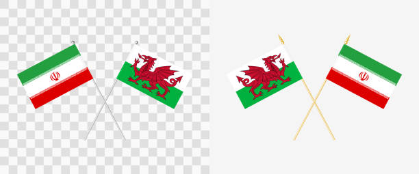 wales and iran crossed flags. pennon angle 28 degrees. options with different shapes and colors of flagpoles - silver and gold. example of flags on transparent background. vector - iran wales stock illustrations