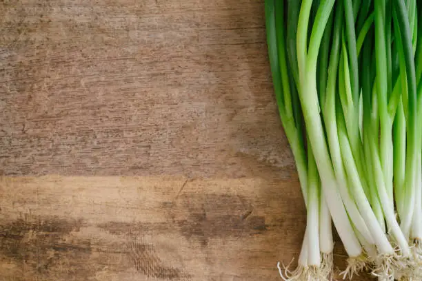 Fresh spring onion on wood table. Close up scallions or spring onion on wood plank in top view flat lay with copy space. Prepare spring onion for cooking. Food and vegetable concept for background.