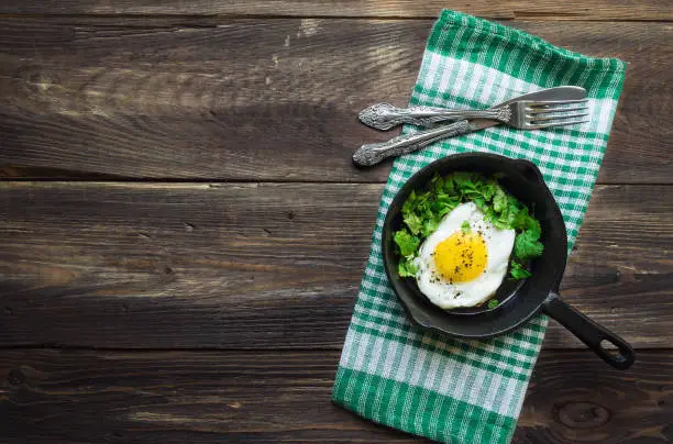 Fried egg with cilantro in iron skillet on rustic wooden background. Traditional breakfast. Copy space area.