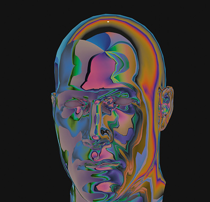multicoloured reflective 3d robot head cg illustration