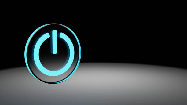 Blue neon on off symbol inside a crystal circle with copy space and dark background. 3d rendering.