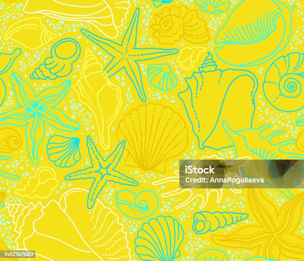 Line Pattern Sea Vector Seamless Pattern Of Line Art Tropical Sea Elements Seashells ...