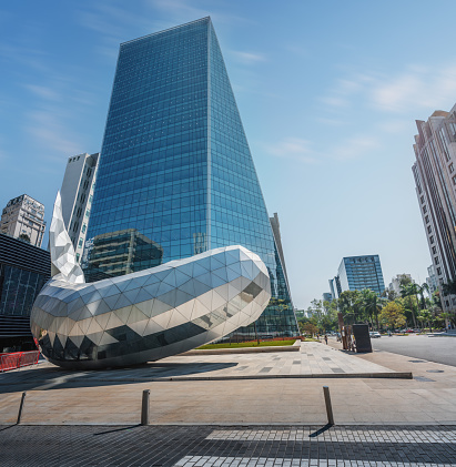 Sao Paulo, Brazil - May 02, 2022: Metallic Whale at Brigadeiro Faria Lima Avenue - created by by Pei Partnership Architects - Sao Paulo, Brazil