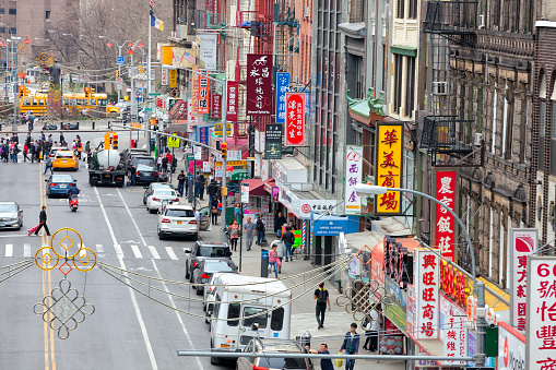 Elevated view of a street in Chinatown, New York City, America, USA.