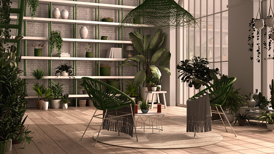 Modern conservatory, winter garden, white and green interior design, lounge, rattan armchair, table. Mezzanine and iron staircase, parquet floor. Relax space full of potted plants